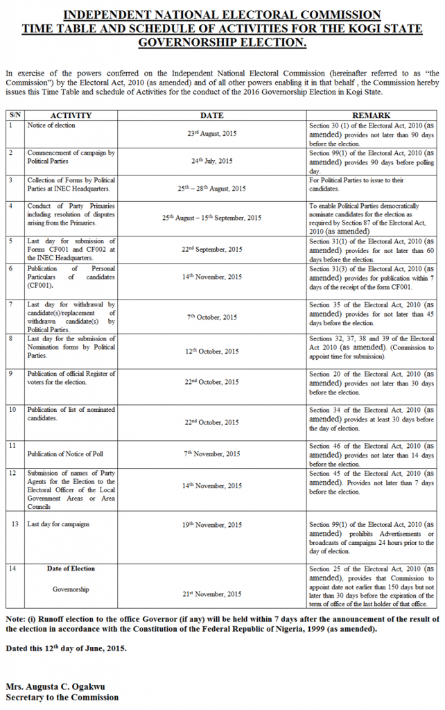Kogi state Governorship Election Timetable